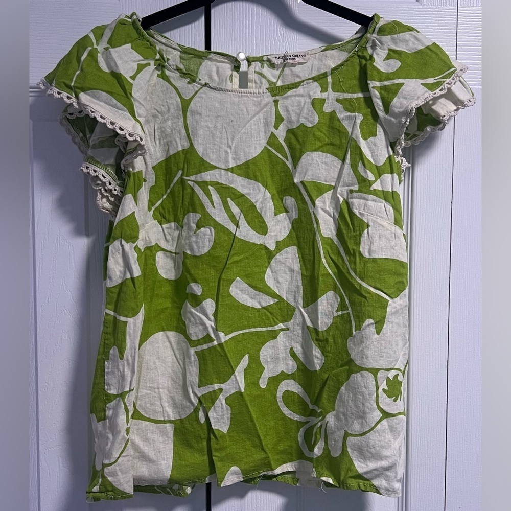 Christian Siriano Linen Blend Lime and White Floral Flutter Sleeved Top